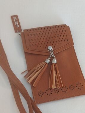 Tan Tassel Crossbody Phone Bag with Laser-Cut Details